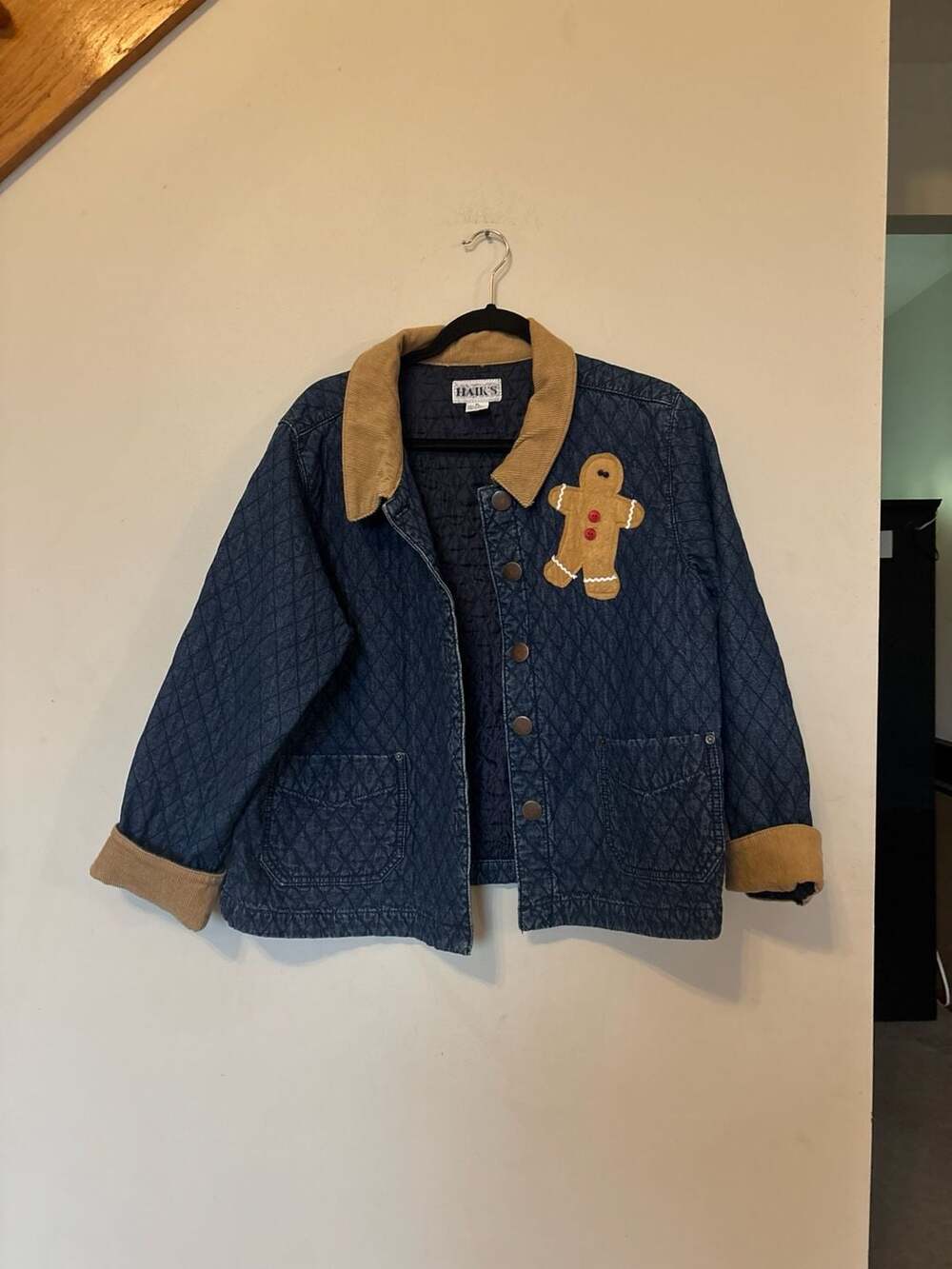 Vintage Haik's XL Quilted Denim Christmas Gingerbread Man Barn Chore Coat Jacket
